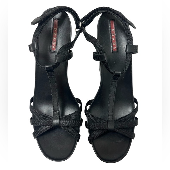 Prada Platform T Strap Wedge Heel Sandal Patent Leather Black EU 40 US 10 - Picture 3 of 15